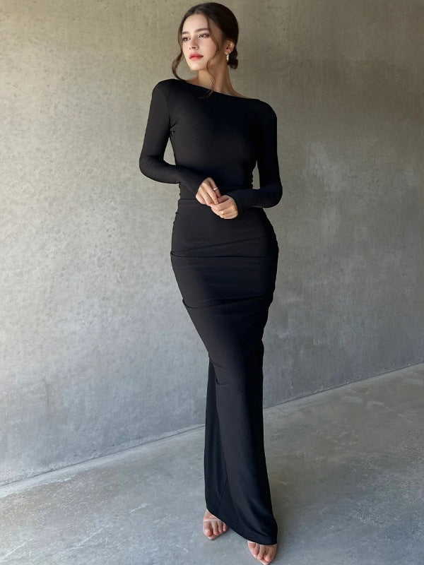 Women's Long-Sleeved Sexy Deep V-Neck Pleated Slim Long Dress 5