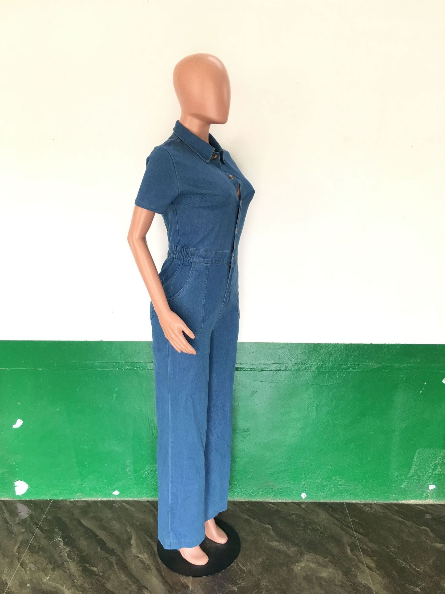 Sexy Fashion Denim Short Sleeve Wide Leg Jumpsuit 9