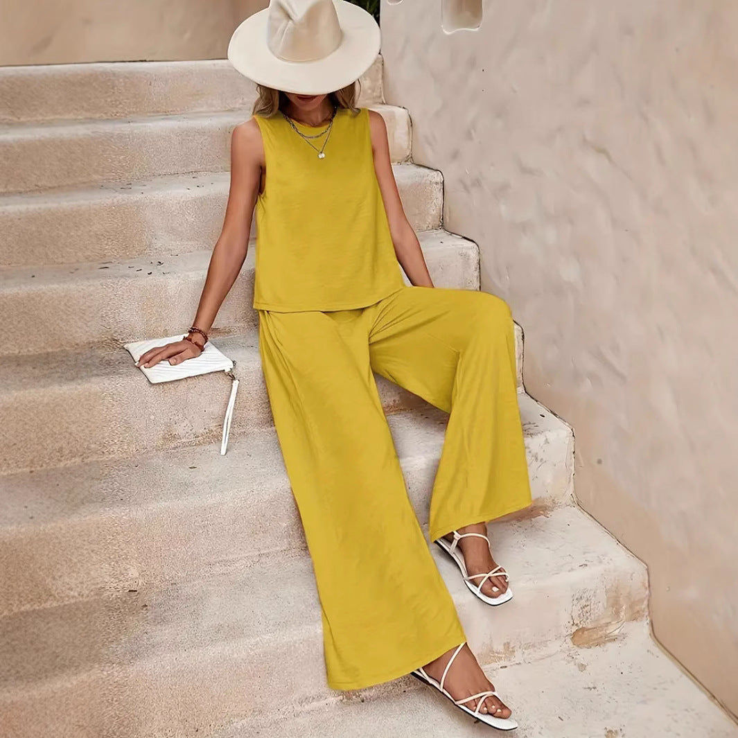 Plus Size Women Summer Casual Sleeveless Vest + Wide-leg Pants Two-piece Set 3