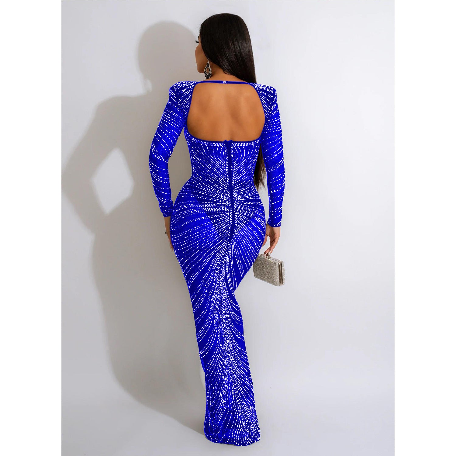Fashion Women'S Rhinestone Beaded Mesh See-Through Long-Sleeve Backless Evening Party Long Dress 13