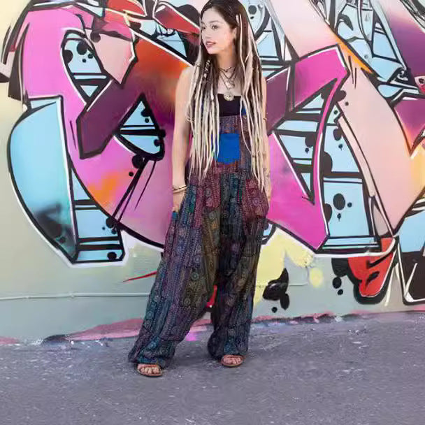 Women hippie patchwork print sleeveless jumpsuit 4