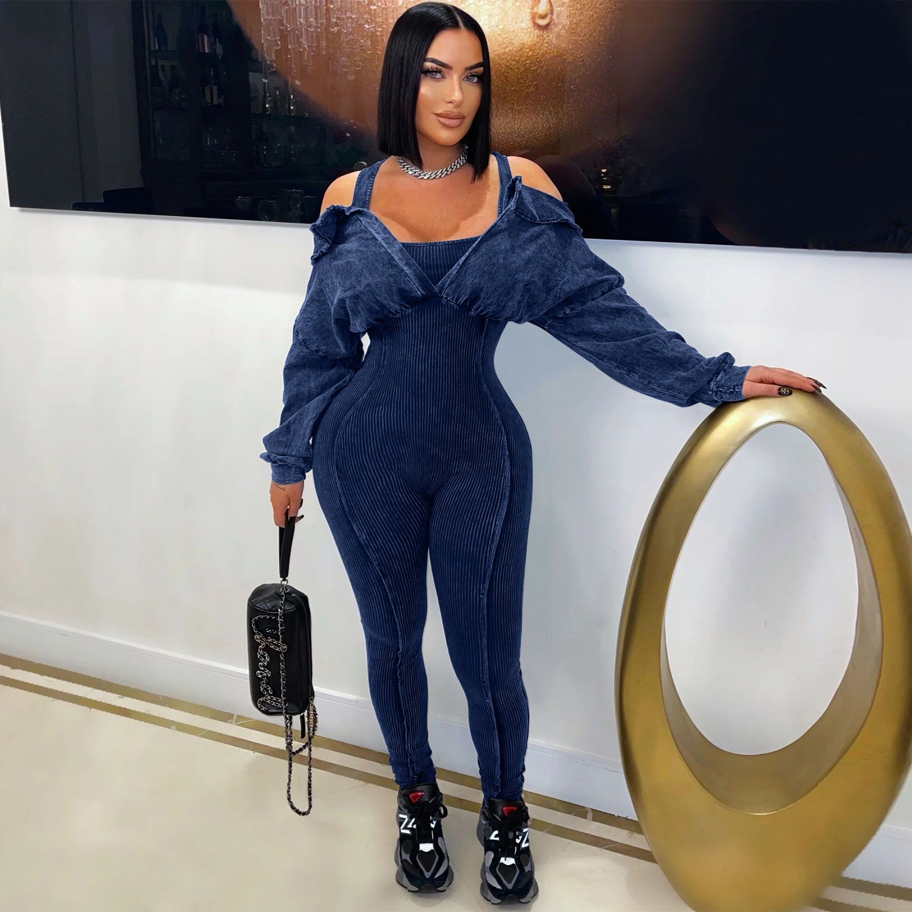 Fashionable women's clothing washed sexy off-shoulder Tight Fitting Jumpsuit 3