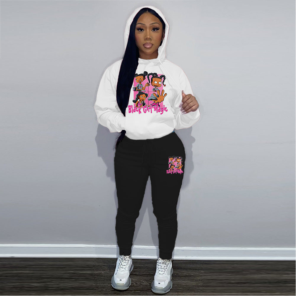Women Printed Contrast Color Hoodies and Pant Sports Two-piece Set 3