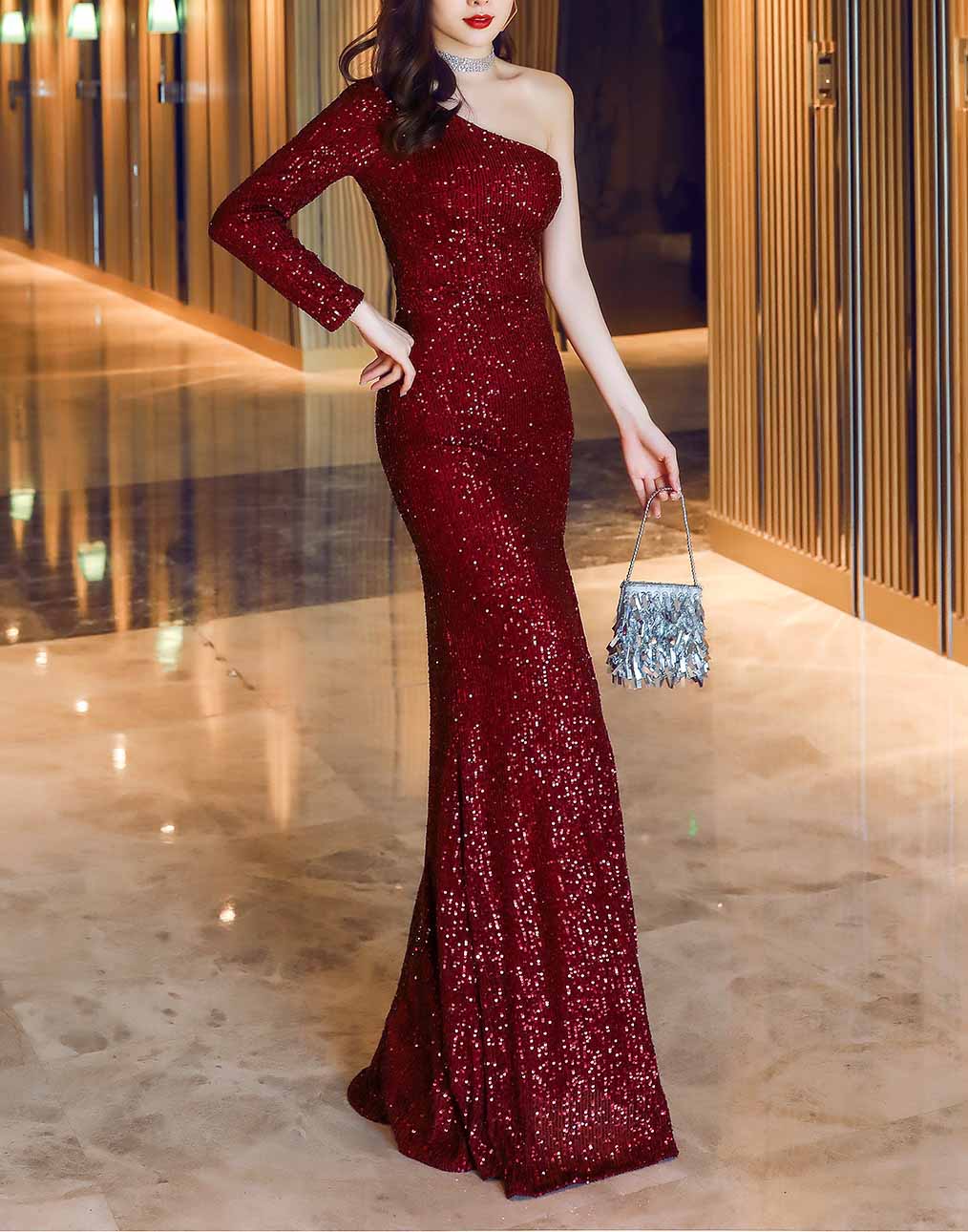 Women Elegant One Shoulder Long Sleeve Sequins Party Evening Dress 4