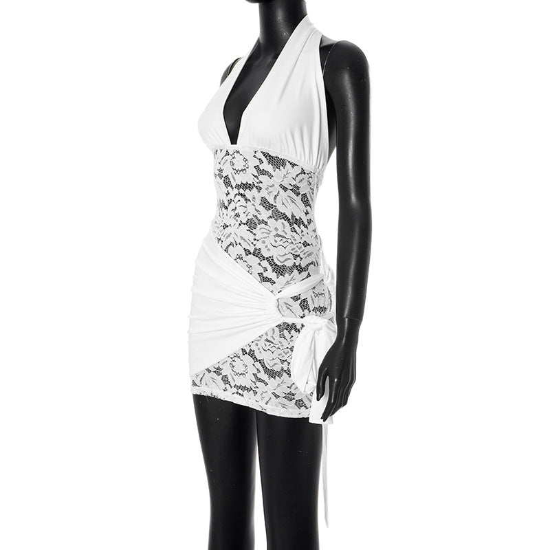 Women Sexy Halter Neck Lace Patchwork Gathered Tie Bodycon Dress 7