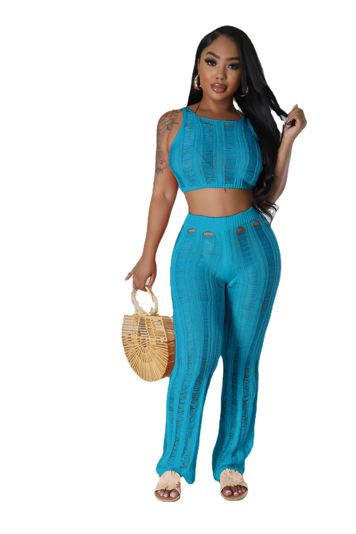 Summer Women Sexy Round Neck Sleeveless Ripped Crop Top and Pant Two-Piece Set 8