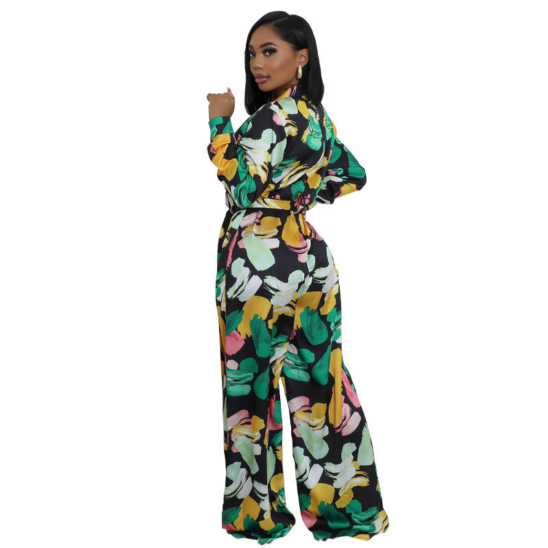 Women's Fashion Printed Long Sleeve High Waist Casual Wide Leg Jumpsuit 6
