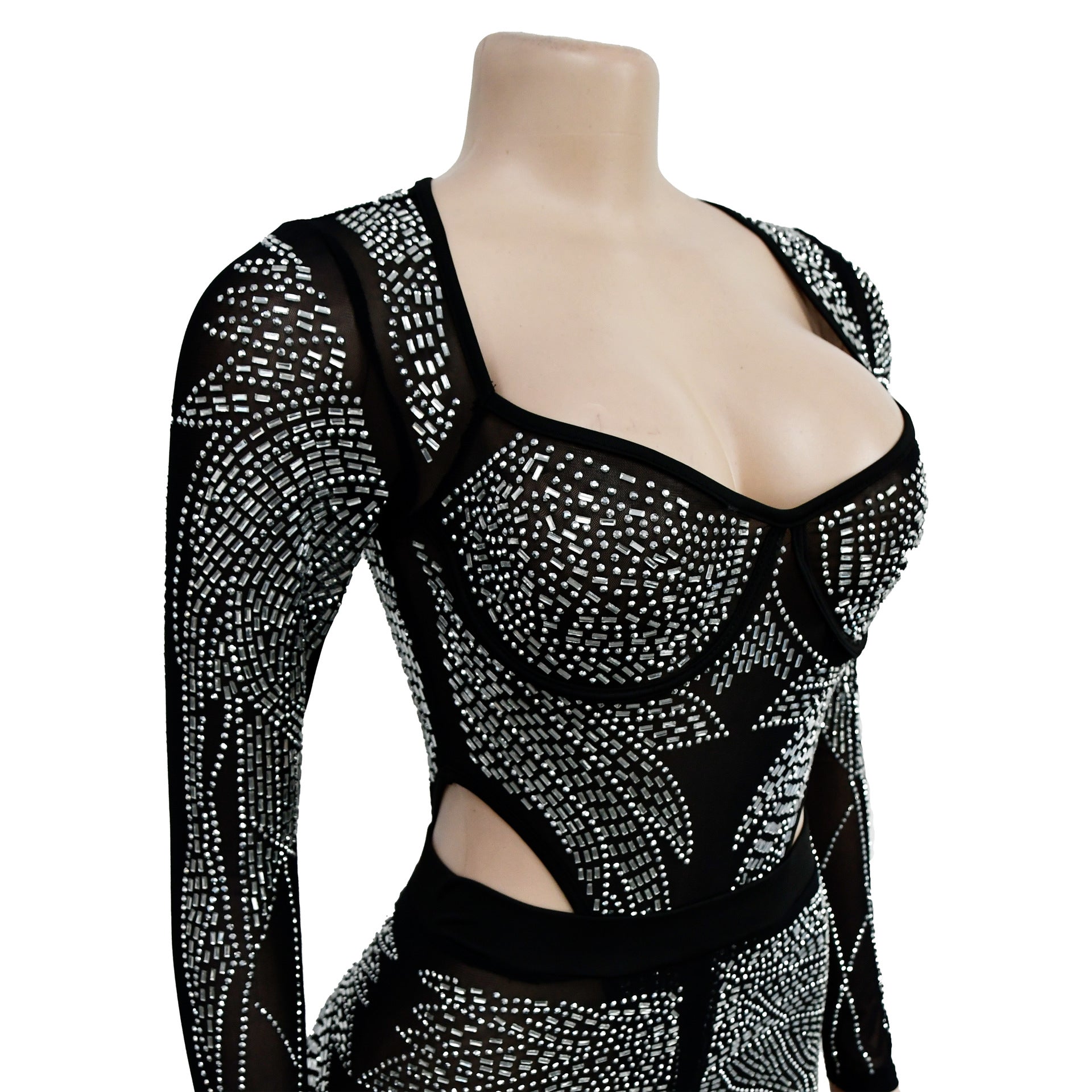 Ladies' Fashion Solid Mesh Beaded Long Sleeve Jumpsuit 19