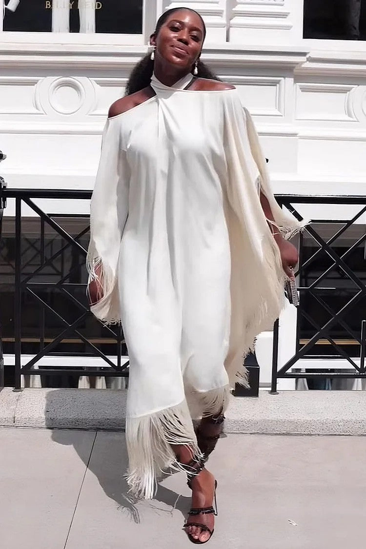 Women's Casual Solid Color Tassel Loose Long Dress 3