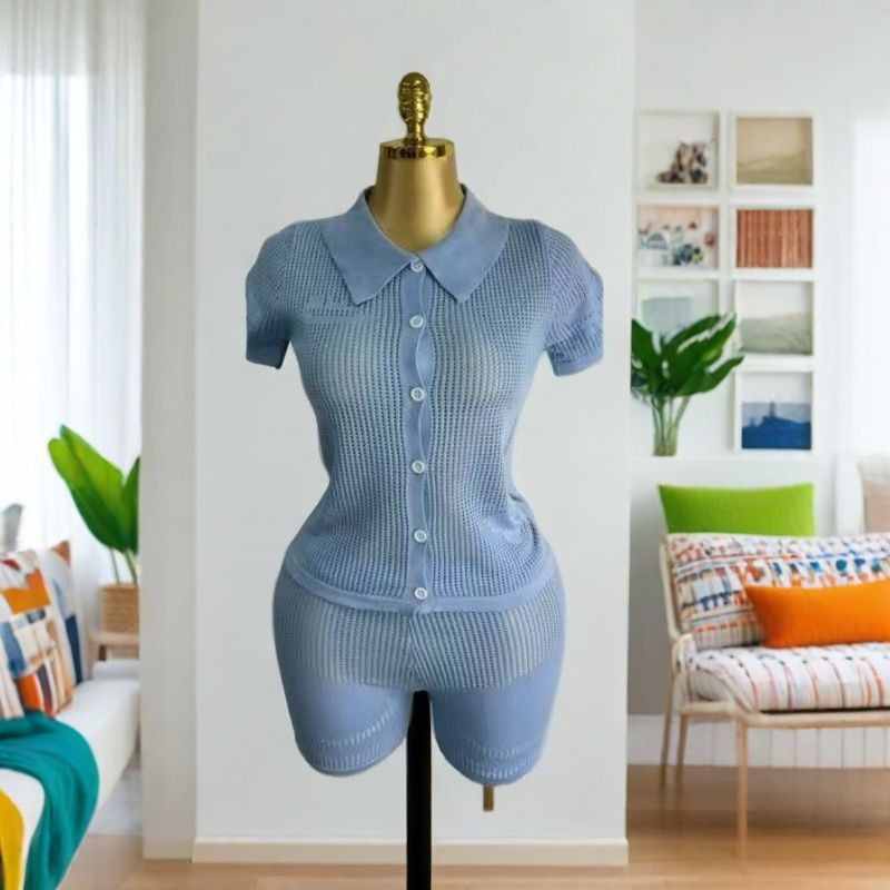 Women Summer Round Neck Hollow Crochet Short Sleeve Knitting Top and Shorts Two-piece Set