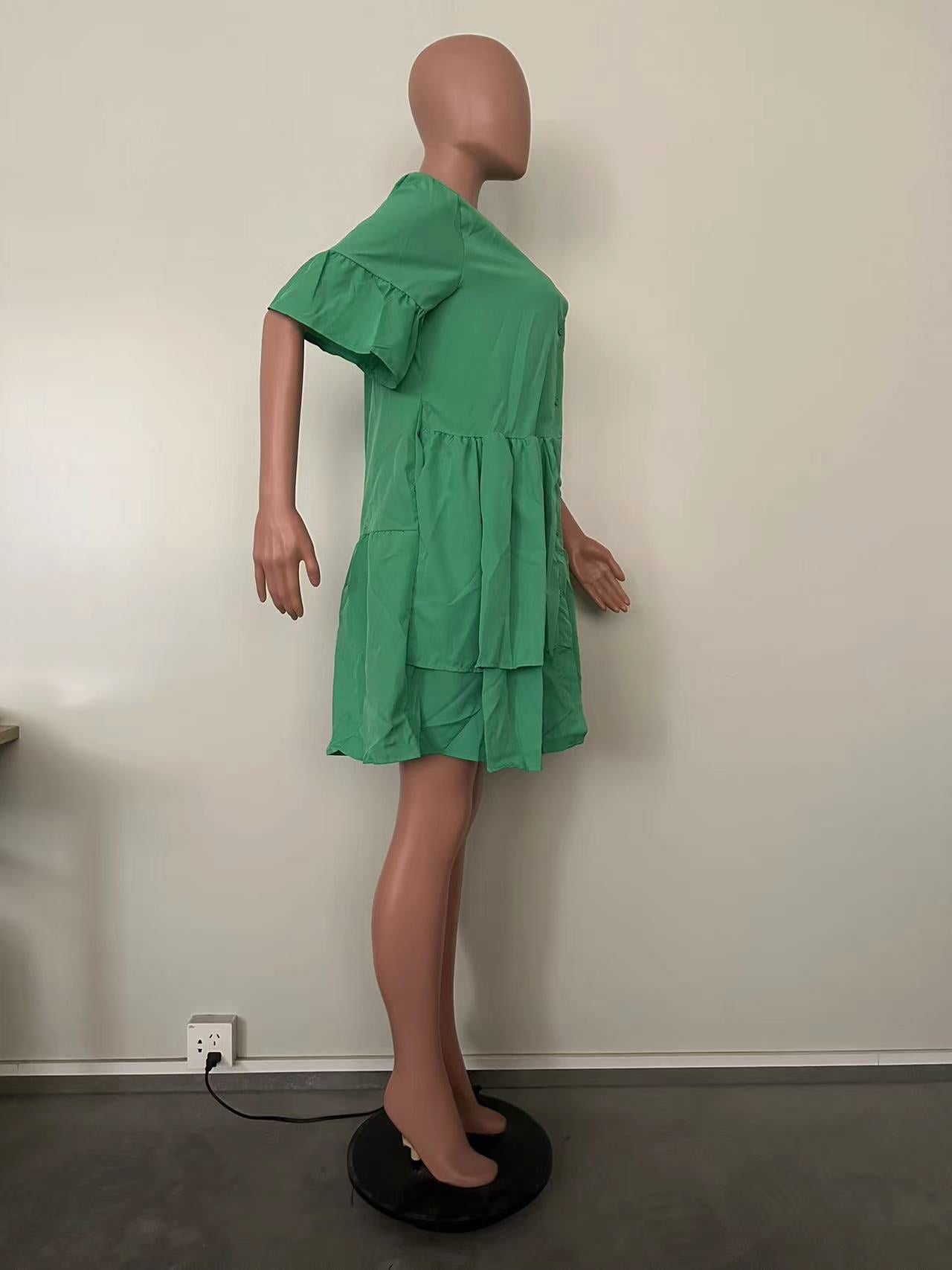 Spring Summer Bell Bottom Wide Sleeves Solid Color Women's Dress 30