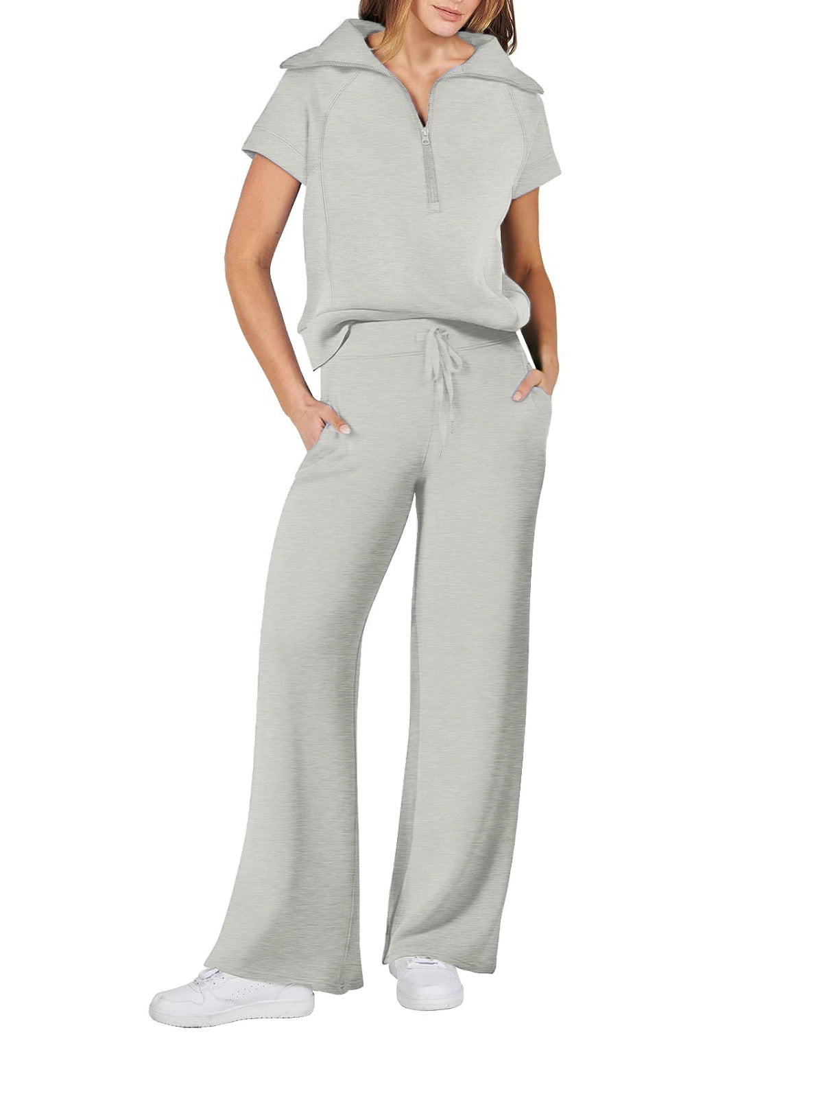 Women Casual Solid Zipper Shirt And Wide Leg Pants Two Piece Set 6