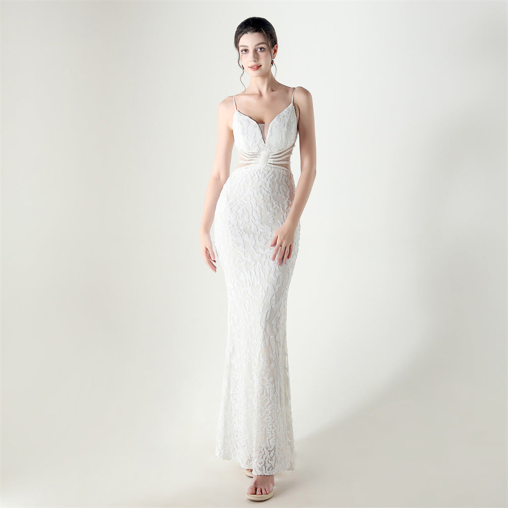 Women clothing V Neck sequins beaded hollow mesh off-shoulder Formal Party evening dress 15