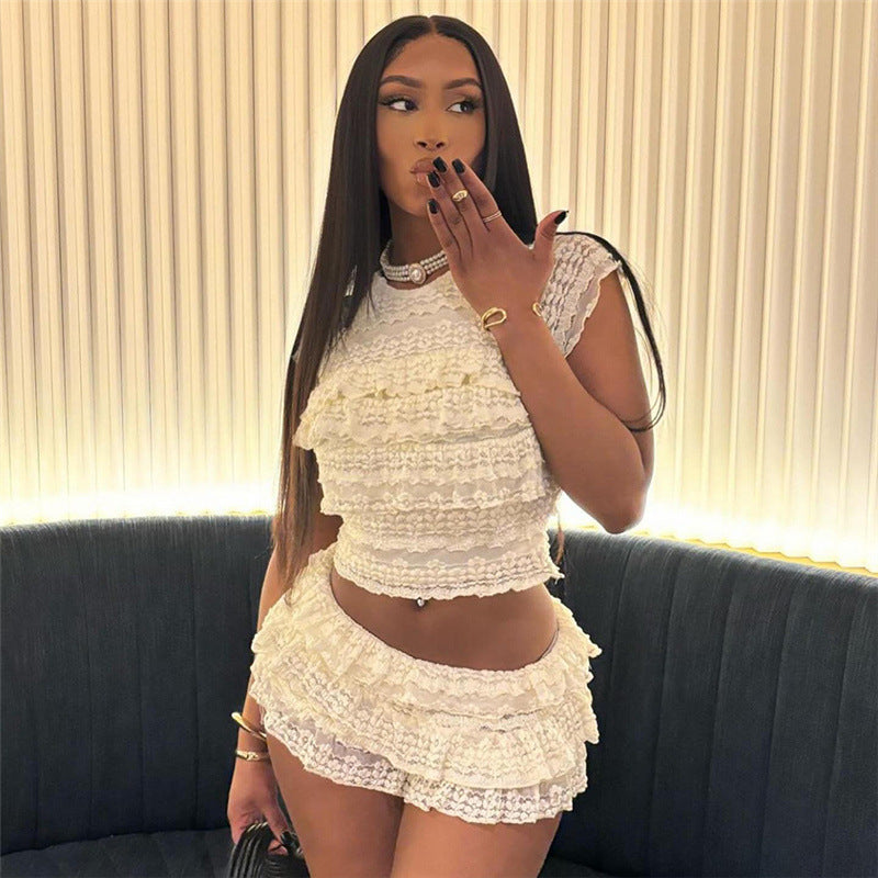 Summer Fashion Chic Sweet Solid Color Hollow Slim Pleated Two Piece Shorts Set For Women