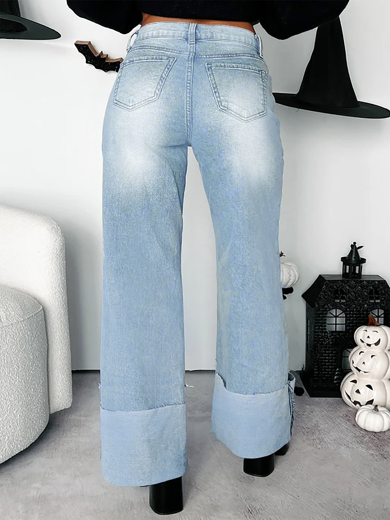 Women's High Waist Folded Hem Washed Straight Denim Trousers 5
