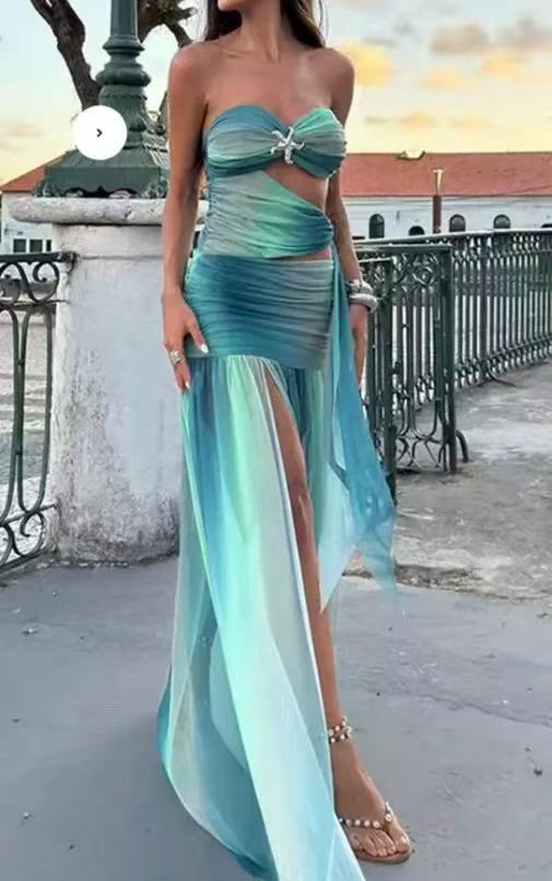 Gradient Color Strapless Hollow Out Long Gown Sexy Casual Summer Dress for Vacation 7