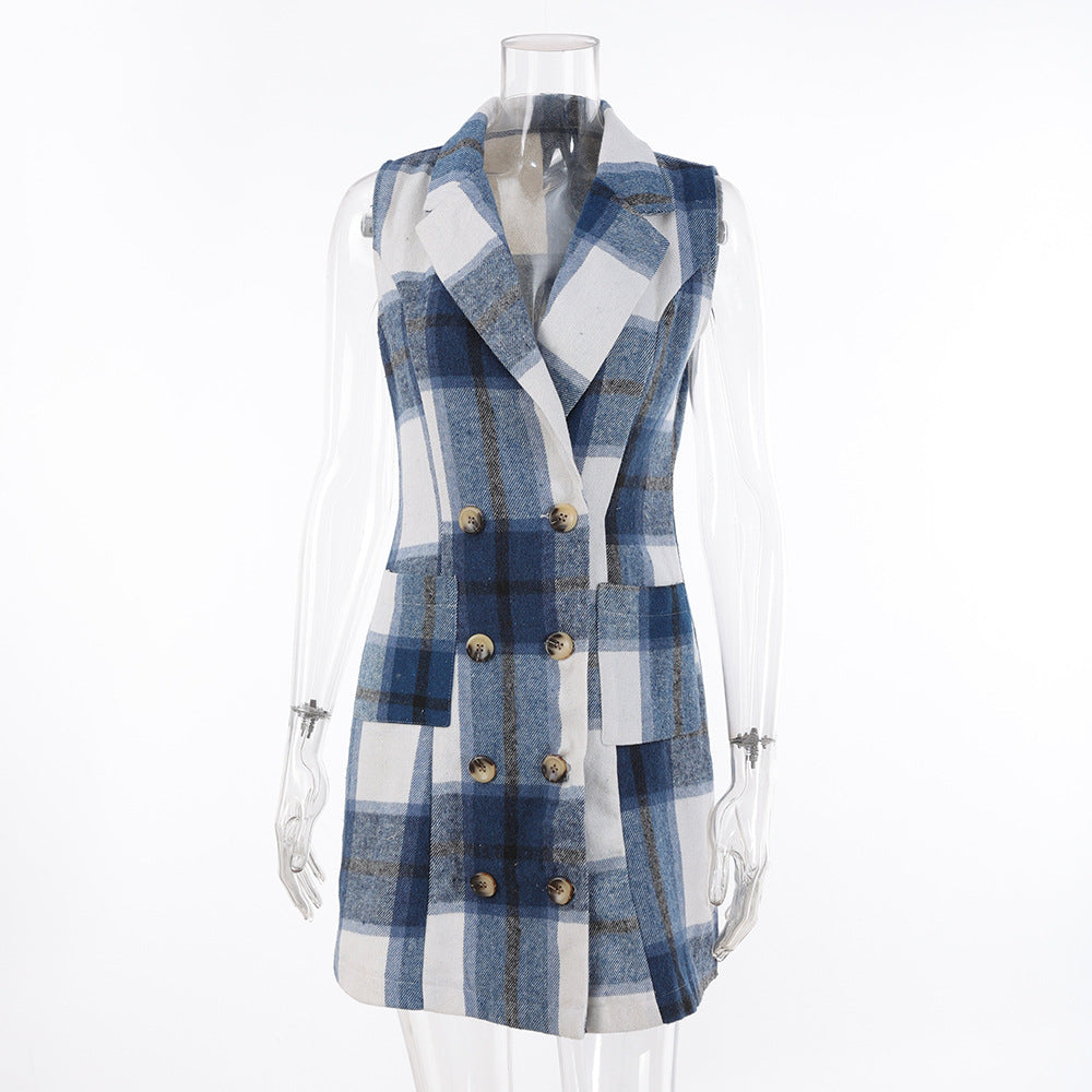 Women's Fashion Plaid Long Vest Turndown Collar Sleeveless Blazer 34