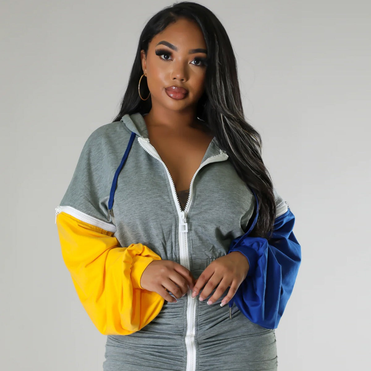 Cute Zip Patchwork Long Sleeve Pleated Casual Dress 3