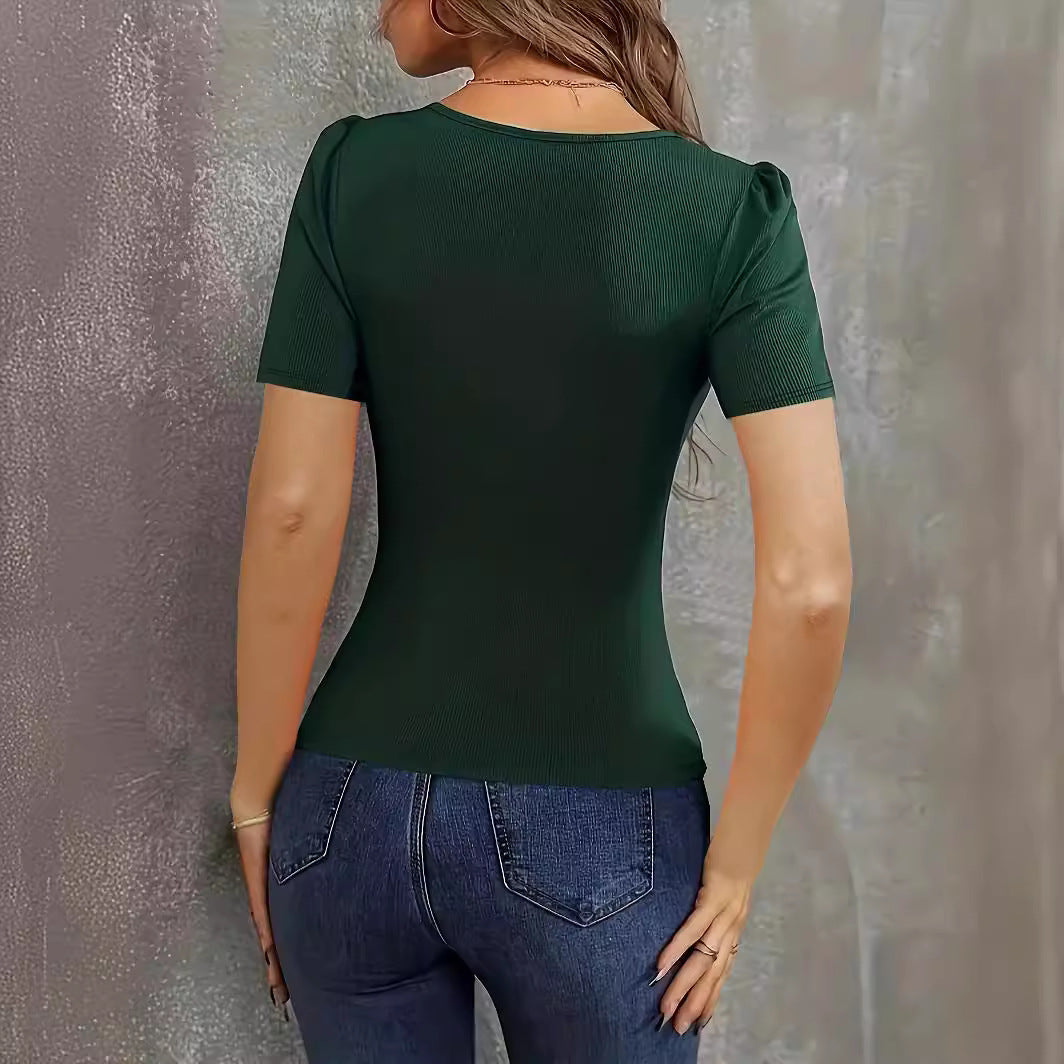 Summer Women's Short Sleeve Low Neck Slim Knitting Top 5