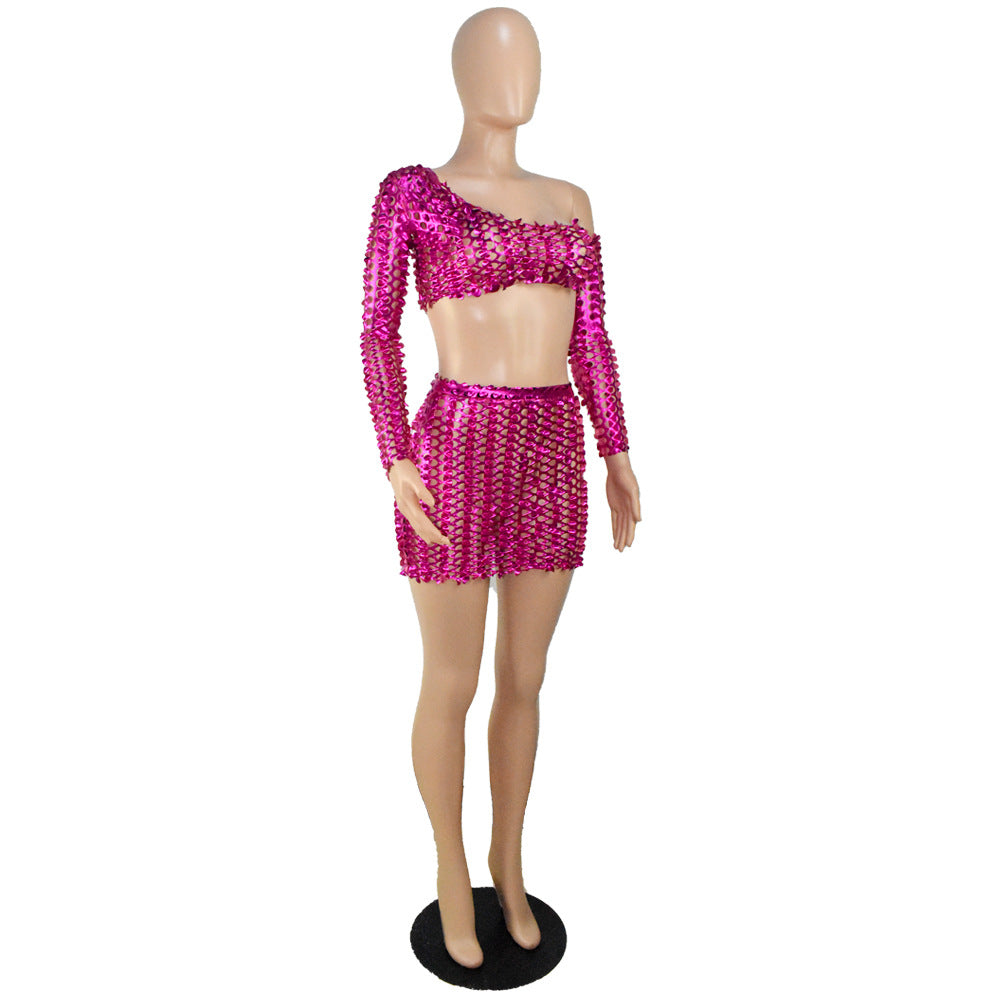 Women Sexy Mesh Hollow Hollow Long Sleeve Crop Top + Skirt Two Piece Set 26