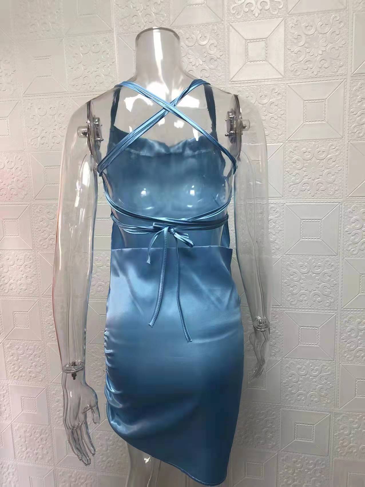 Women Sexy Strapless Pleated Backless Hollow Strap Dress 33