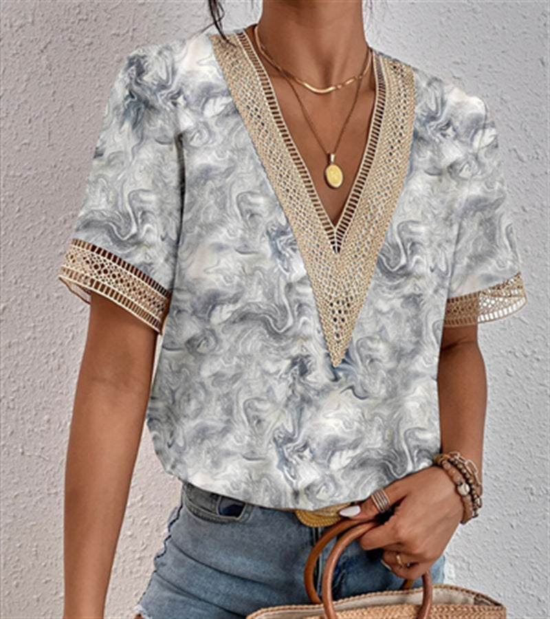 Women's V-Neck Lace Loose Blouse Chic Career Short Sleeve Women's Shirt 39