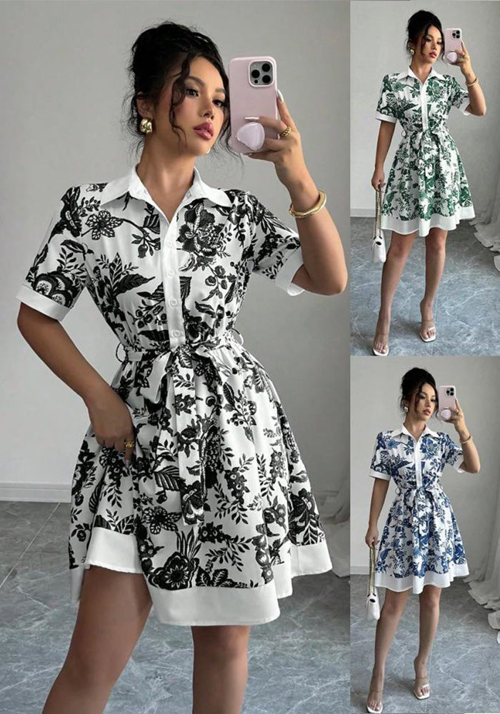 Fashion Slim Waist Printed Belt Short Sleeve Dress