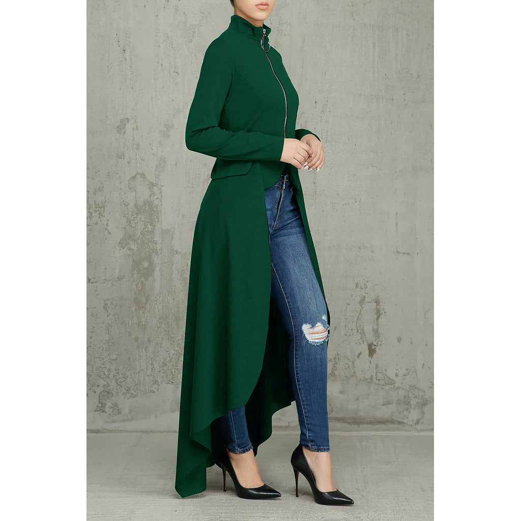 Spring Long-Sleeved High-Neck Slim Zipper Irregular Long Dress 43