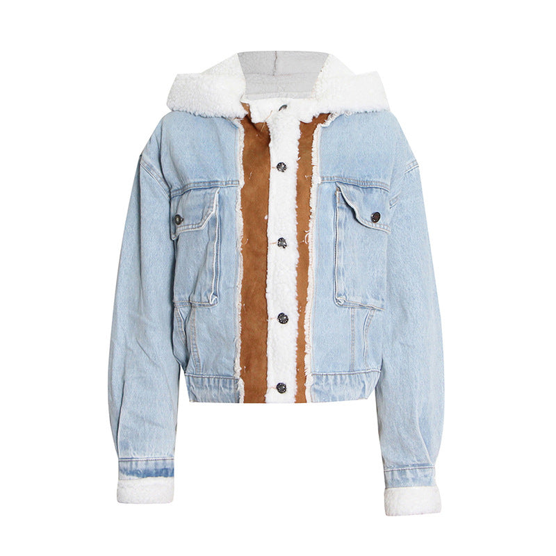 Women Denim Lamb Wool Autumn and Winter Patchwork Style Single Breasted Crop Jacket 6