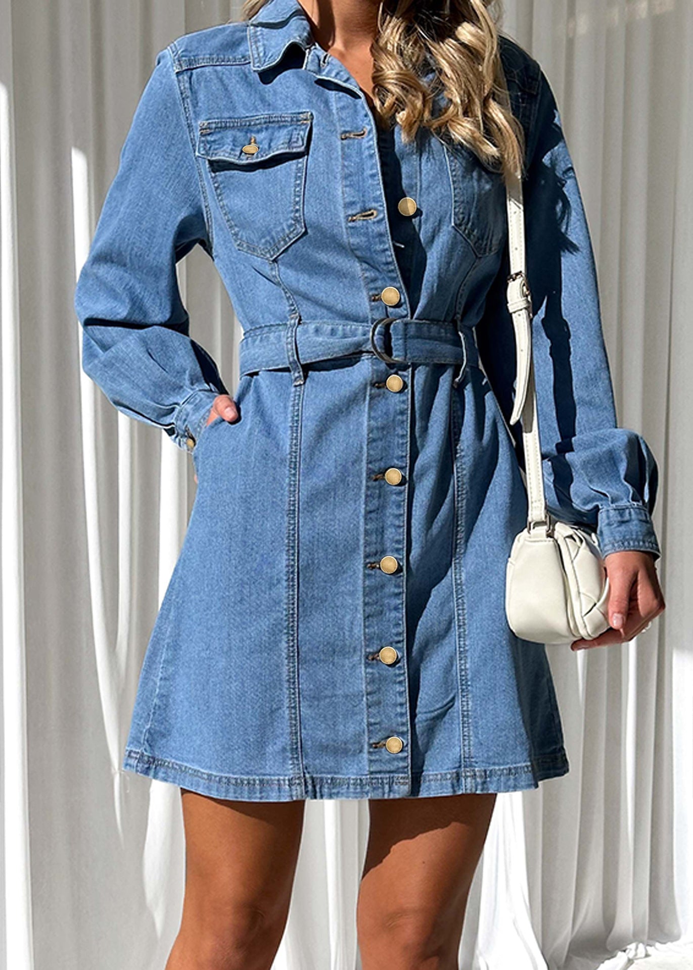 Fashionable Casual Button Tie Slim Fit Long Sleeve Denim Dress For Women 3
