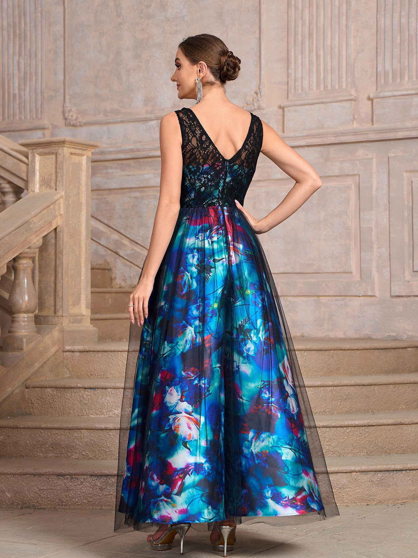 Women blue sleeveless v-neck printed black mesh patchwork flower print dress 7