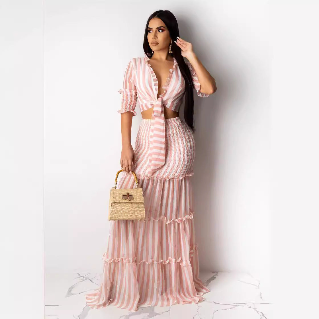 Women striped chiffon print Top and Skirt two-piece set 7