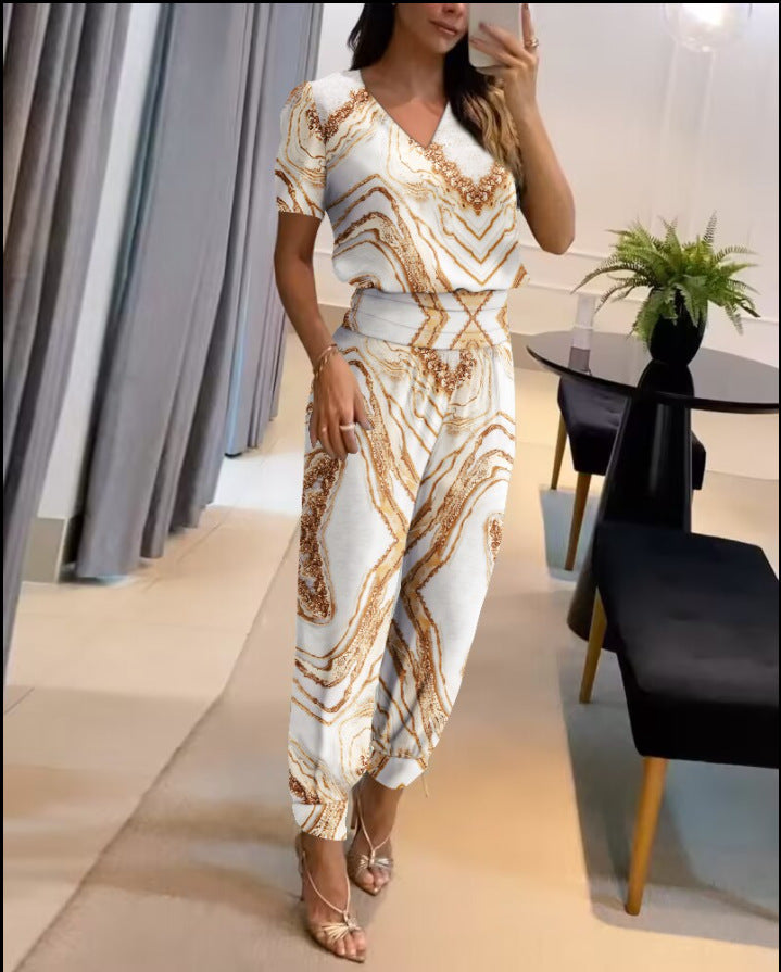 Women's Fashion Casual V-Neck Printed Short-Sleeved Trousers Set Two-Piece Set