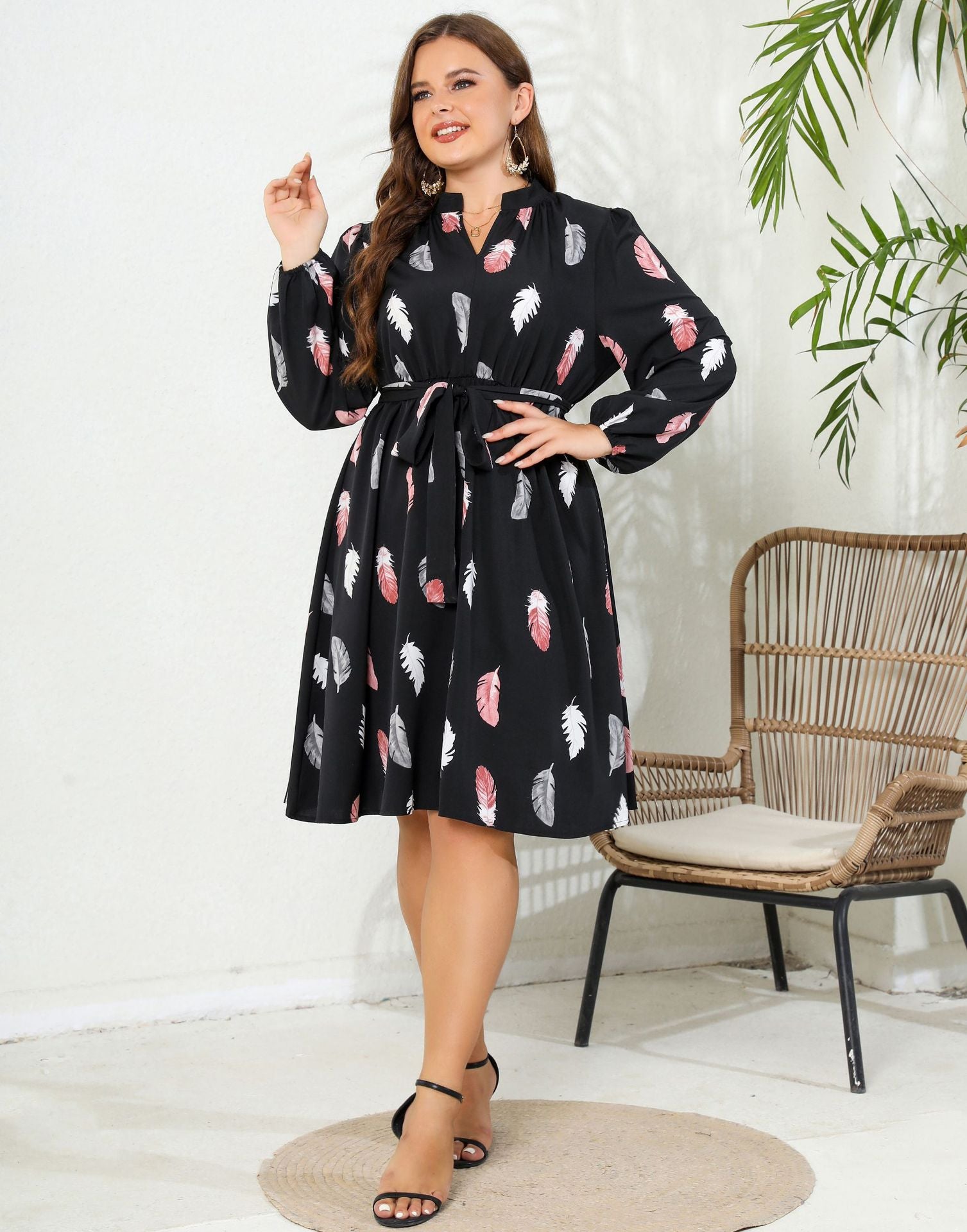 V-Neck Printed Long Sleeve Slim Waist Plus Size Women's Dress 4