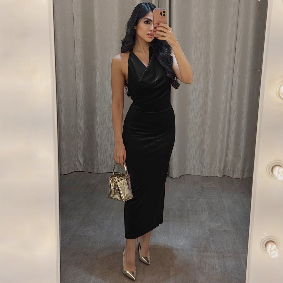 Women's Spring Summer Fashion Sexy Low Back Slit Halter Neck Lace-up Sleeveless Dress 5