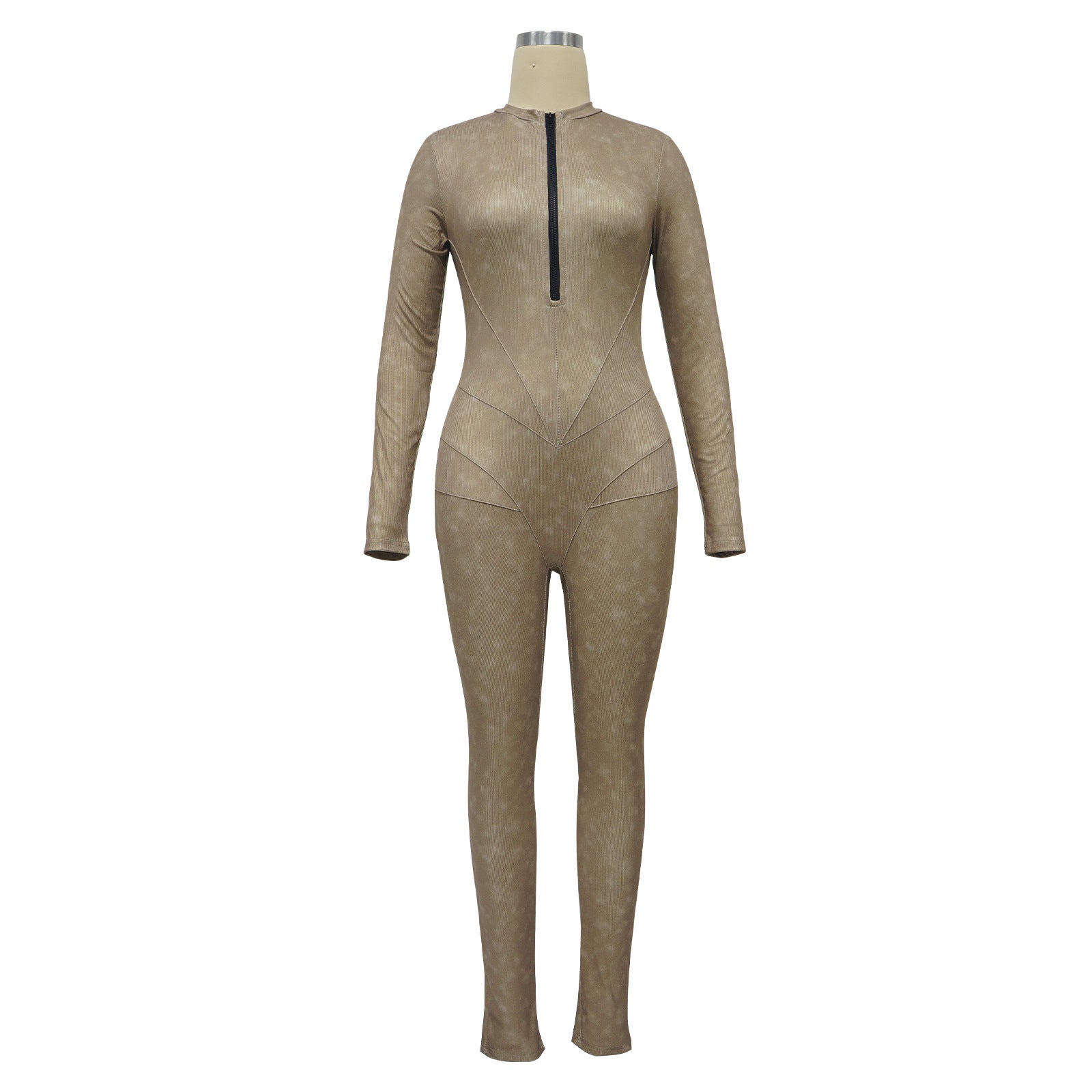 Women's Ribbed Printed Sexy V-Neck Tight Fitting Zipper Jumpsuit 23