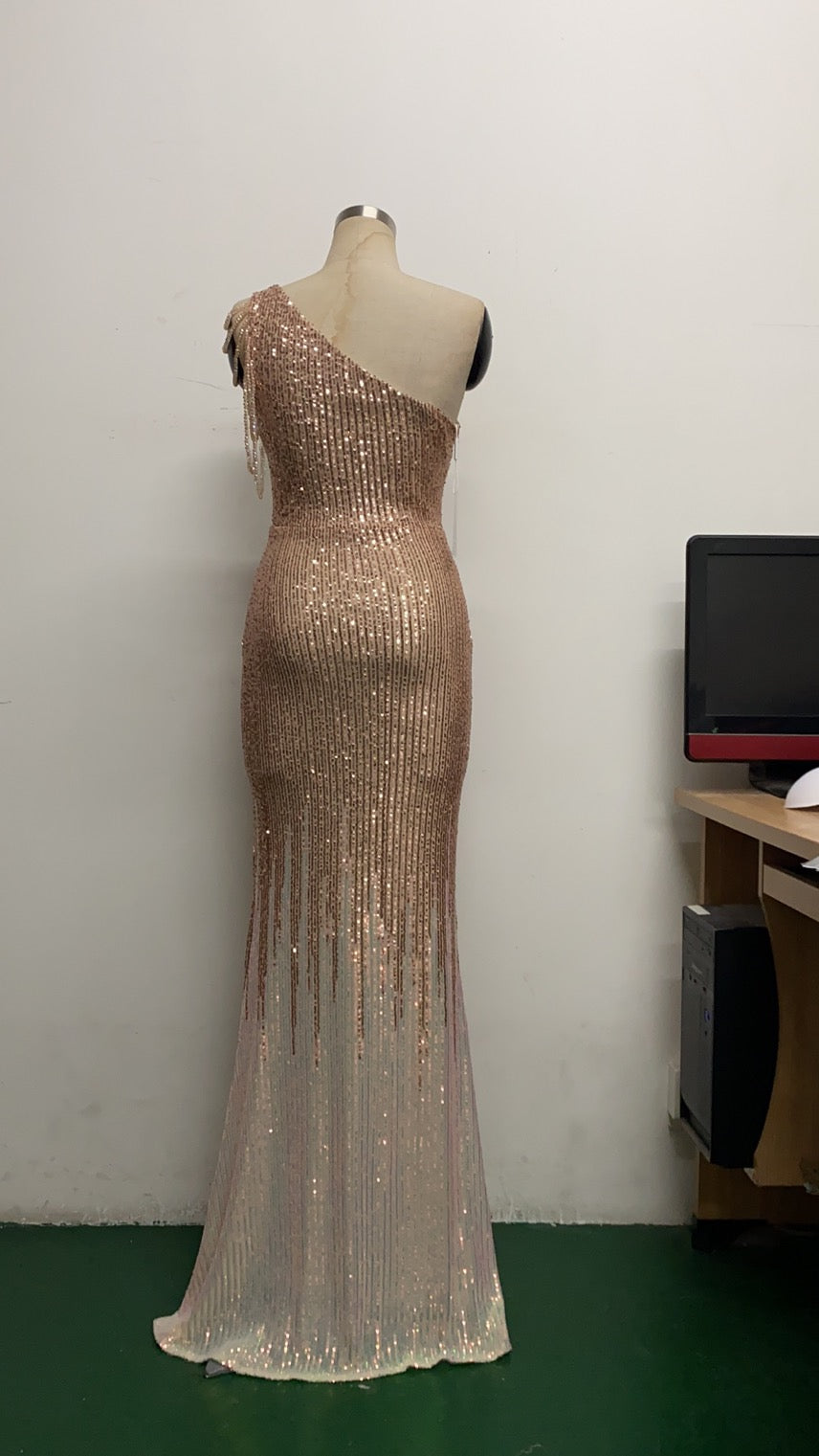 Summer Occassional Sequins Goden Side Slit One Shoulder Long Evening Dress 7