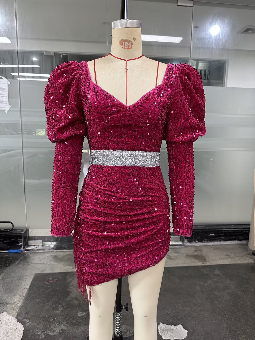 Women Puff Sleeve V Neck Sequin Party Evening Dress Sexy Bodycon Dress 9