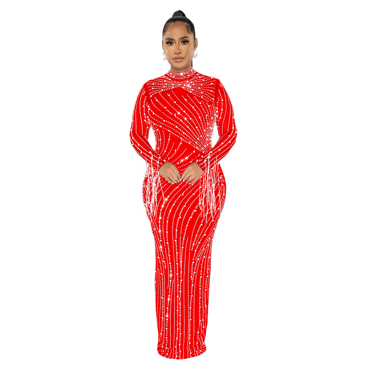 Women Mesh See-Through Beaded Long Sleeve Maxi Dress Set 8