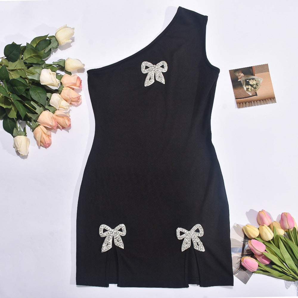 Summer Beaded Bow Slit Slash Shoulder Women Dress 6