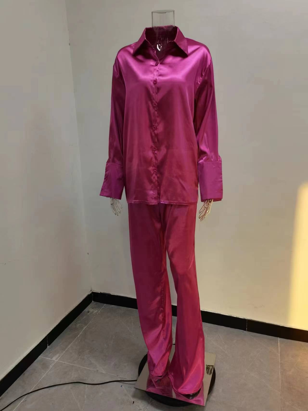 Solid Color Satin Long Sleeve Casual Two Piece Pants Set Trendy Lounge Wear 13