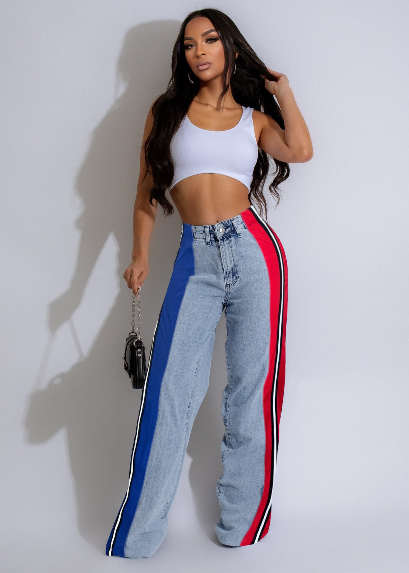 Women's Fashion Patchwork Striped Contrast Denim Pants Casual Straight Pants 12