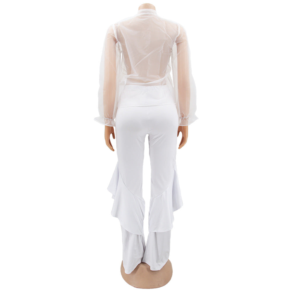Sexy Mesh Tops Bell Bottom Pants Women's Casual Two Piece Set 12