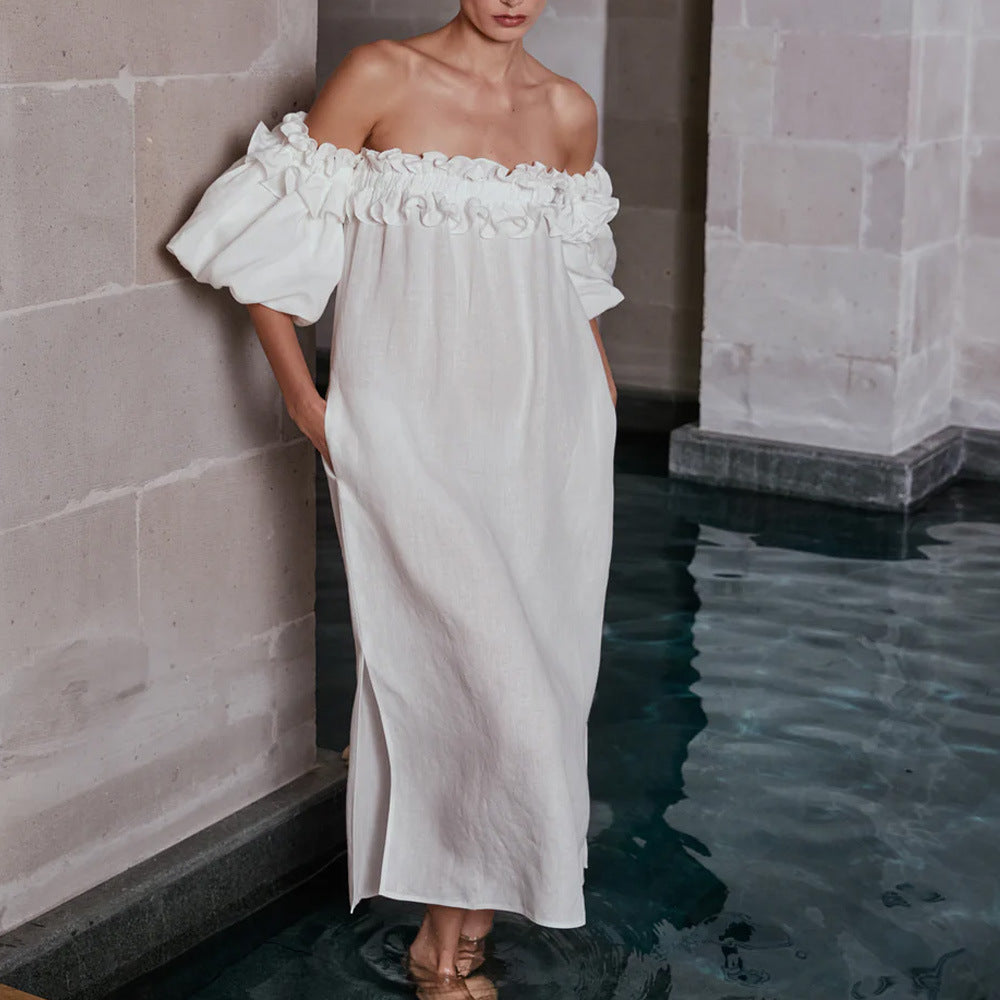 Women Off Shoulder Sexy Puff Sleeves Solid Lace Holidays Beach Dress