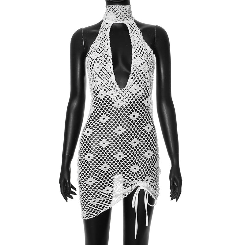 Women Summer Solid Sexy Round Neck Mesh Sleeveless See-Through Lace-Up Dress 8