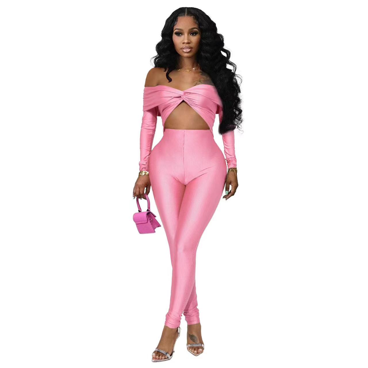 Sexy Women's Solid Color Off Shoulder Hollow Long Sleeve Tight Slim Jumpsuit 10