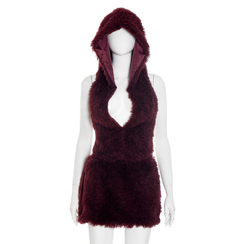 Women's Faux Fur U-Neck Hooded Low Back Top & Skirt Two-Piece Set 7