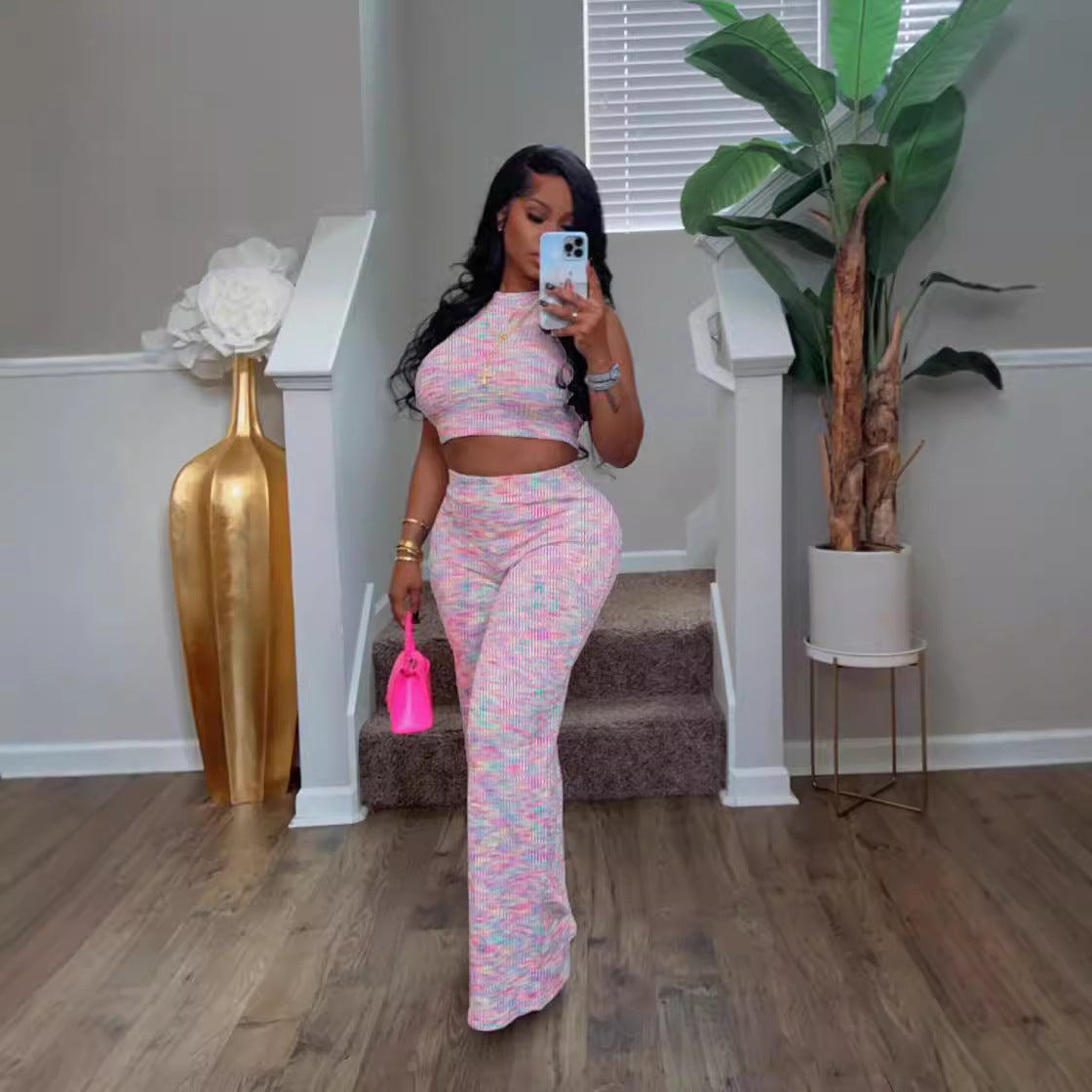 Women's Summer Sleeveless Printed Wide-Leg Two-Piece Trousers Set 5