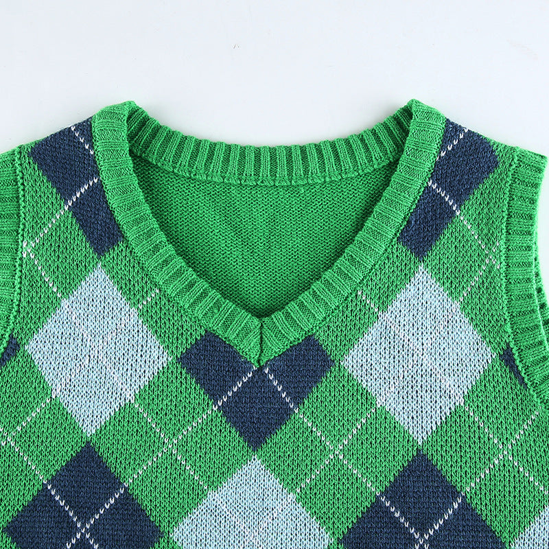 Women Solid Plaid Sleeveless V-Neck Sweater 56