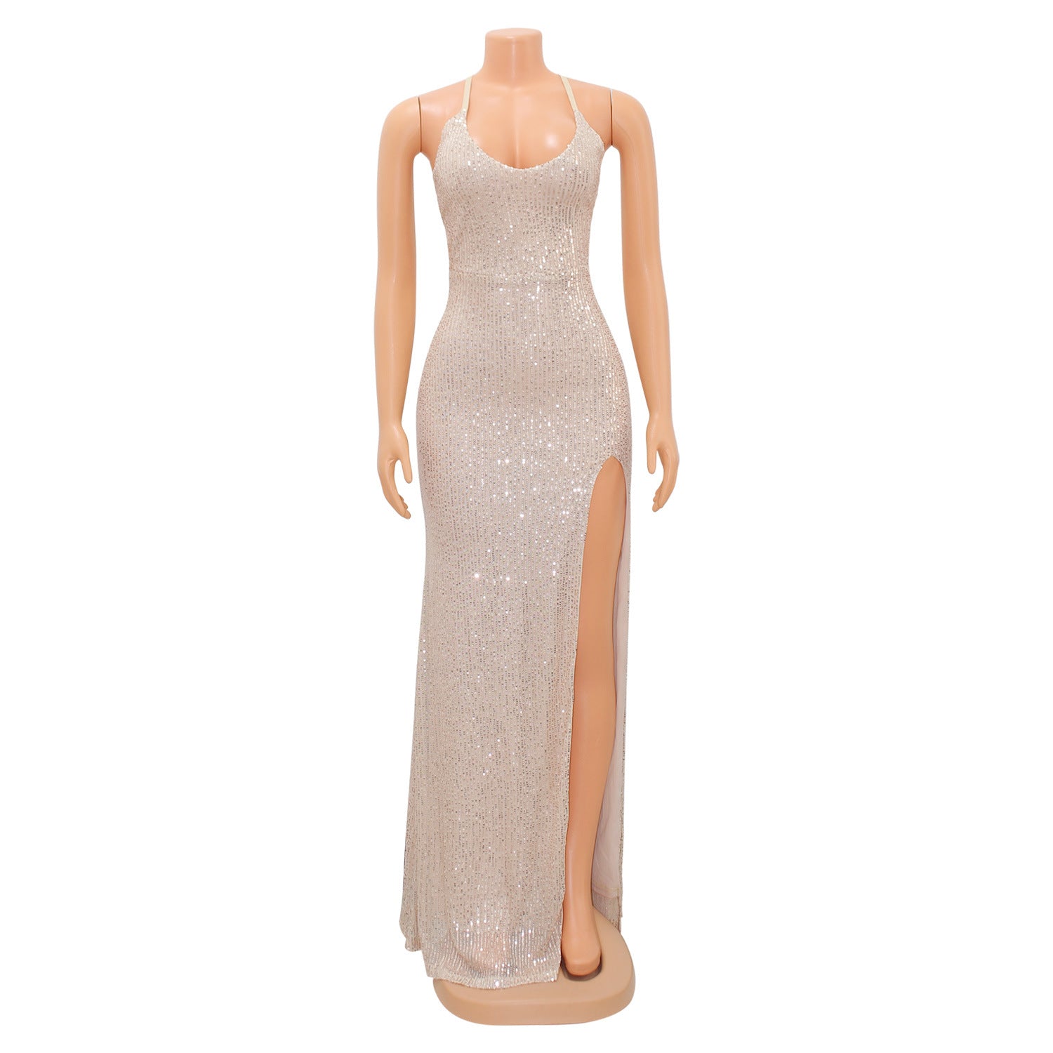 Women Fashion Sexy Low Back Lace-Up Sequin Slit Evening Dress 10